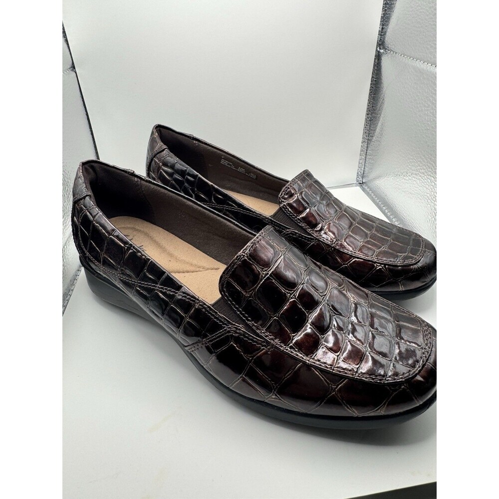 Clarks Women’s Brown Faux Leather Croc-Effect Slip-On Loafer Flats Round Toe 8.5